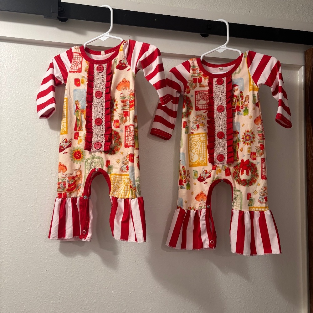 Vintage Christmas theme ruffled, bell bottom baby girl romper 0–3, 3–6 months